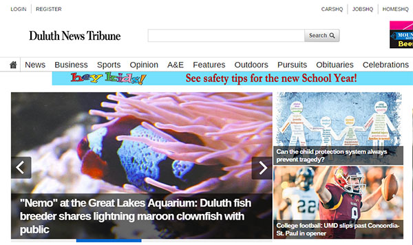 The Lightning Maroon Clownfish at the Great Lakes Aquarium enjoy a brief feature on the homepage of the Duluth News Tribune on the morning of Sept. 7, 2014
